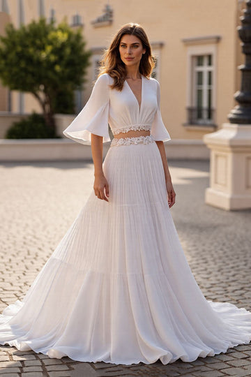 Ivory A Line Half Sleeve Appliqued Long Wedding Dress